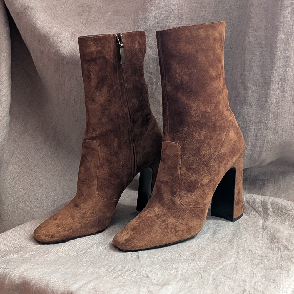 Saint Laurent Brown Suede Mid-Calf Block Heel Boots - Picture 3 of 5